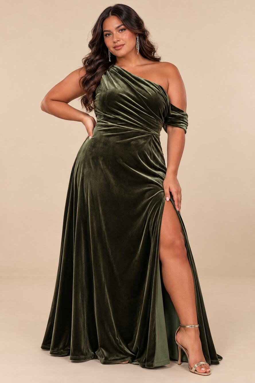 NEW Lulus Coveted Confidence Olive Green Velvet Asymmetrical Maxi Dress 2X